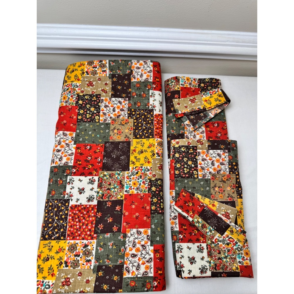 Vintage Patchwork Cotton Shower & Window Curtain Set Floral 70s Calico Pront - Picture 2 of 12